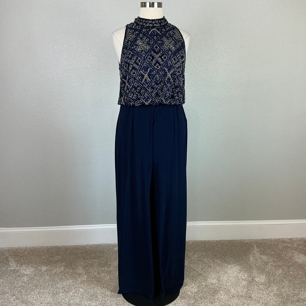 Adrianna Papell Blue Jumpsuit Beaded Wide-Leg Pant Sleeveless Halter Size 18 - Picture 2 of 12